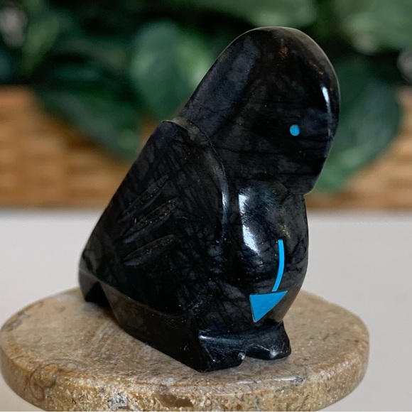 Zuni Crow Raven Fetish Clayton Panteah & Abby Quam Jasper Turquoise Heart Line - Picture 5 of 16